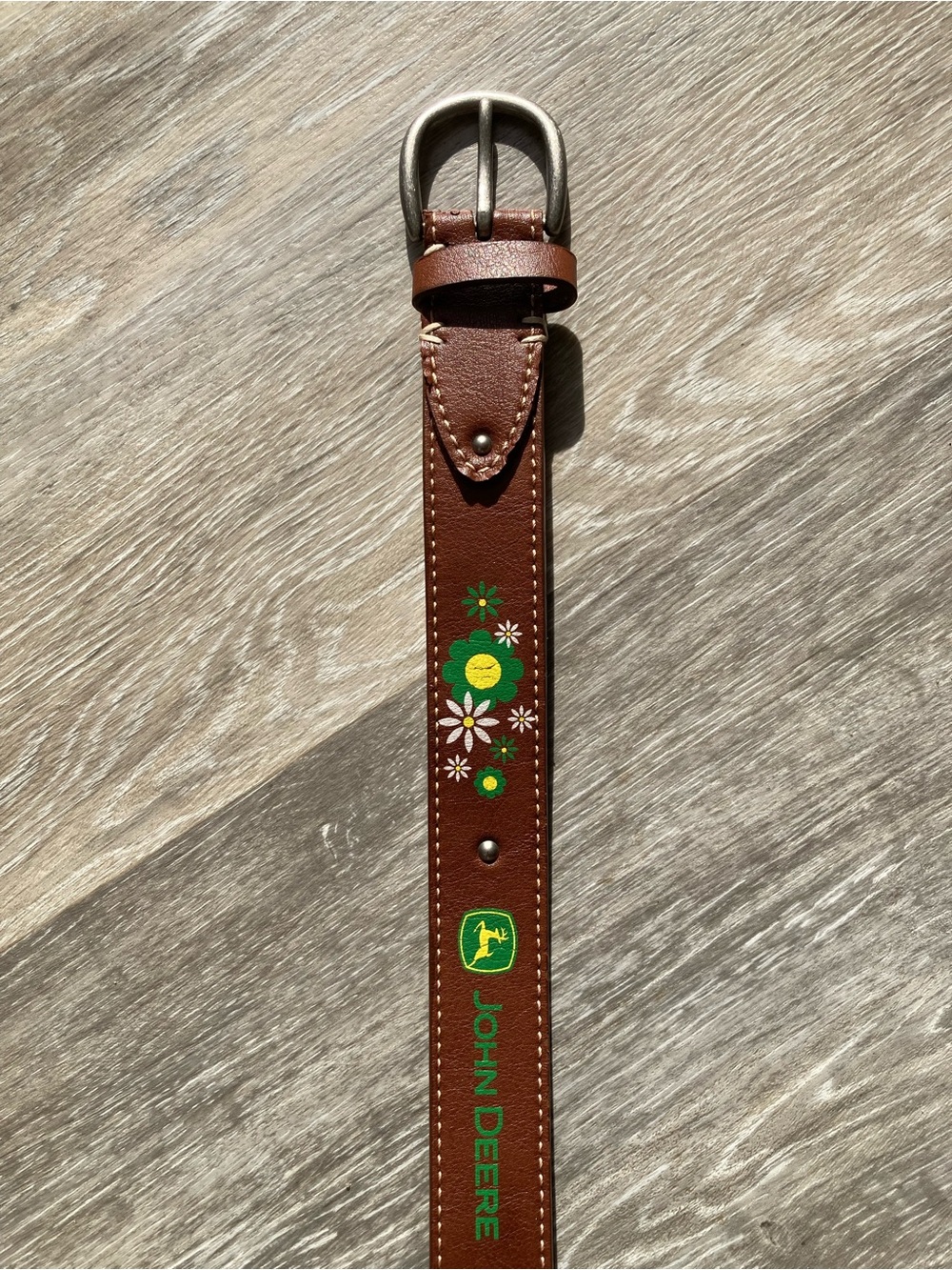 John Deere Brown Leather Kids Belt with Green and Yellow Floral Design